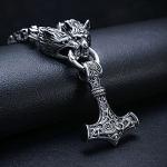 Viking Mjolnir Necklace with Wolf Head Chain