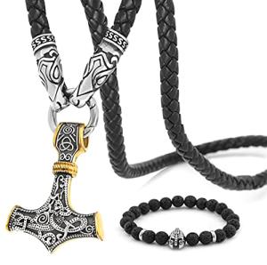 Viking Thor's Hammer Fenrir Wolf Pendant Necklace
