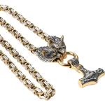 Mjolnir Necklace for Men with Wolf Head Chain