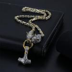 Mjolnir Necklace for Men with Wolf Head Chain
