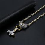 Mjolnir Necklace for Men with Wolf Head Chain