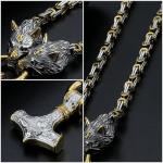 Mjolnir Necklace for Men with Wolf Head Chain