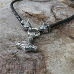 Viking Wolf Necklace with Thor Hammer Pendant