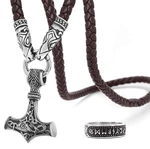 Viking Thor's Hammer Pendant with Fenrir Wolf Axe