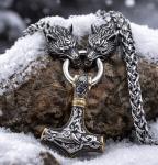 Viking Wolf Head Thor's Hammer Necklace