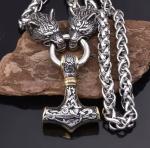 Viking Wolf Head Thor's Hammer Necklace