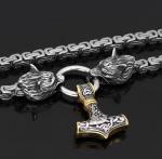 Viking Wolf Head Thor's Hammer Necklace