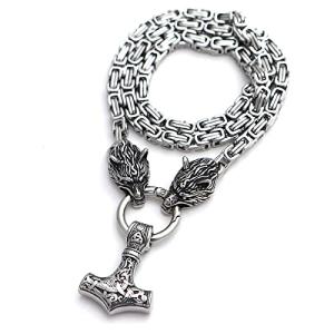 Wolf Head Thor Mjolnir Necklace - Viking Amulet