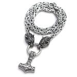 Wolf Head Thor Mjolnir Necklace - Viking Amulet