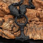 Thor's Hammer Pendant with Fenrir Wolf Heads Necklace
