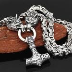 Wolf Head Thor Mjolnir Necklace - Viking Amulet