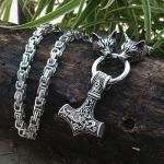 Wolf Head Thor Mjolnir Necklace - Viking Amulet