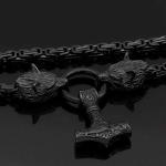 Thor's Hammer Pendant with Fenrir Wolf Heads Necklace