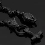 Thor's Hammer Pendant with Fenrir Wolf Heads Necklace