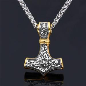 Viking Wolf Necklace with Thor Hammer Pendant
