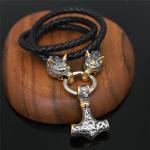 Viking Leather Wolf Thor Hammer Necklace