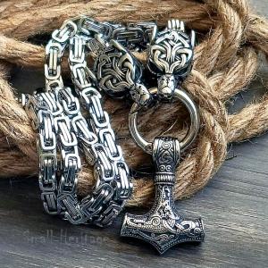 Viking Wolf Head Necklace with Thor's Hammer Pendant
