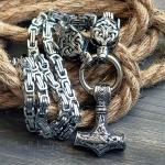 Viking Wolf Head Necklace with Thor's Hammer Pendant