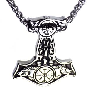 Viking Wolf Thor's Hammer Necklace with Vegvisir Pendant