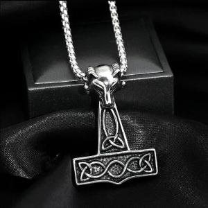 Silver Viking Wolf Pendant Necklace with Thor's Hammer
