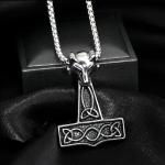 Silver Viking Wolf Pendant Necklace with Thor's Hammer