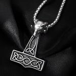 Silver Viking Wolf Pendant Necklace with Thor's Hammer