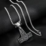 Silver Viking Wolf Pendant Necklace with Thor's Hammer