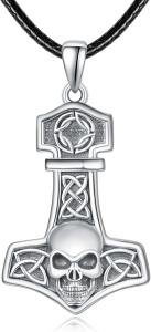 Thor Hammer Skull Pendant Necklace in Sterling Silver