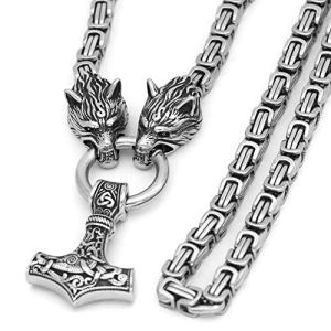 Stainless Steel Viking Wolf Head Necklace with Valknut