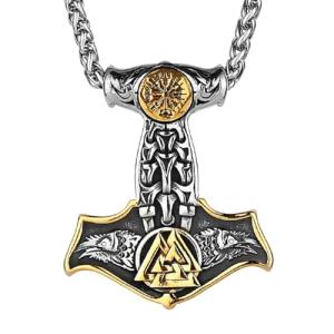 Viking Thor Hammer Necklace with Vegvisir Pendant