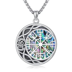 Viking Compass Valknut Necklace with Abalone Shell