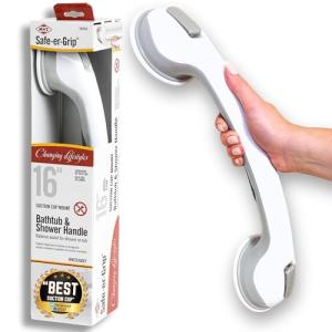 Safe-er-Grip Changing Lifestyles Suction Cup Grab Bars For Bathtubs & Showers; Safety Bathroom Assist Handle, White & Grey, 16 Inches
