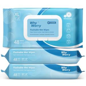 WhyWorry Flushable Wipes for Adults, Extra Large 8"x10" Butt Wipes for Toilet & Personal Cleansing, Chamomile and Vitamin E, 100% Plant-Based, Septic & Sewer Safe, Sea Incense, 144 Count (3 Packs)