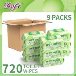 DAFI Flushable Wipes for Adult Wet Wipes, Total 720 Unscented Toilet Wipes Flushable, No Alcohol & 100% Plant Based Fibers, Septic and Sewer Safe Pack of 9
