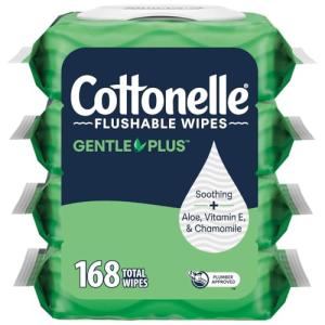 Cottonelle GentlePlus Flushable Wet Wipes with Aloe & Vitamin E, 4 Flip-Top Packs, 42 Wipes Per Pack (168 Total Wipes), Packaging May Vary