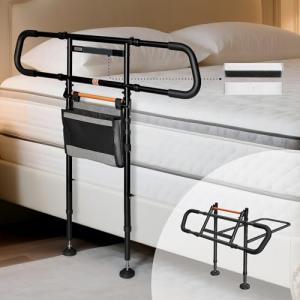 NIMOOD C5 Pro Bed Rails for Elderly Adults Safety - Foldable Bed Assist Rail with Adjustable Height, Bed Cane with Non-Slip Wider Handrail, Motion Sensor Light Fits King Queen Twin Beds