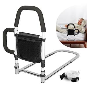 HEPO Bed Rails for Elderly Adults Safety with Storage Pocket, Assist Rail with Dual Grab Bars for Easily Getting in & Out of Bed, Bed Rail Fits King, Queen, Full, Twin Bed