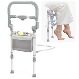 inkolelo Bed Rails for Elderly Adults Safety Foldable Bed Side Assist Rail for Seniors with Motion Sensor Light & Storage Pocket, Adjustable Height Bedrails for Queen King Full Size Bed, 400 Lbs