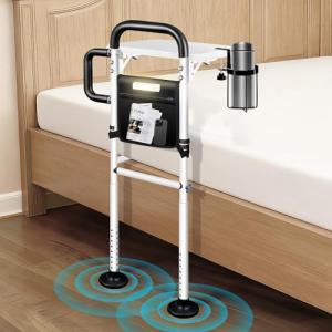 LanAqua Bed Rails for Elderly Adults Safety with Foldable Tray, Adjustable Bed Assist Rails for Seniors with Motion Sensor Light & Cup Holder, ASTM Approved Bed Cane Bed Rail with 2 Handles & Pocket