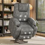 Electric Power Lift Recliner Chair with Massage for Elderly Corduroy Fabric Recliner Single Sofa with Cup Holders, Side Pockets and Remote Control for Living Room Bedroom (Leathaire, Light Gray)