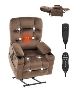 VEVOR Power Lift Recliner Chair, Dual Motor Lift Chair with Heat and Massage for Elderly, 2 Cup Holders and USB Port Infinite Position Adjustment Electric Recliner (Large, Brown)