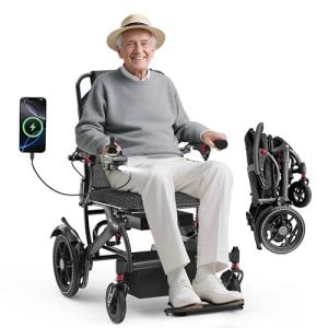 Electric Wheelchair, Lightweight Motorized Wheelchair for Adults w/500W Brushless Motor, LED Light, All Terrain Power Wheelchair, 15 Miles Folding Electric Wheelchairs for Seniors,Carbon Fiber Color