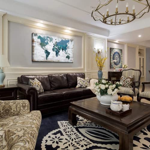 Teal World Map Wall Art for Living Room