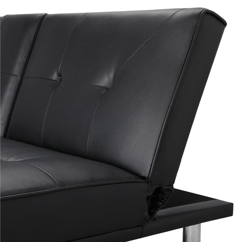 Black Faux Leather Futon with Cupholders and Pillows