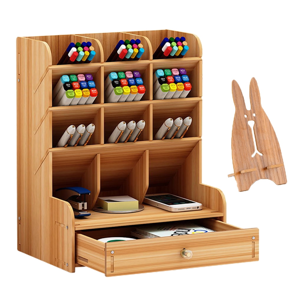 Wooden Desk Organizer with Drawer for Art Supplies