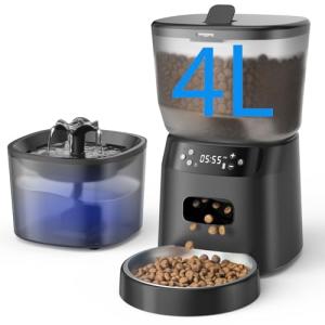 Automatic Cat Feeder and Water Fountain, 4L/16 Cups Timed Cat Dry Food Dispenser, 10s Meal Call, 20 Portions 6 Meals Per Day, 2L Cats Fountains for Drinking with Filter, Pet Feeder for Dog Black