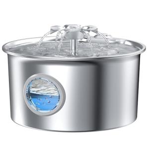 Stainless Steel Cat Water Fountain: 88oz/2.6L Ultra Quiet Pet Fountain with Flower Kitty Spout & LED Blue Light Water Dispenser with Water Level Window for Cats/Dogs Indoor (Silver) - IHOUONE