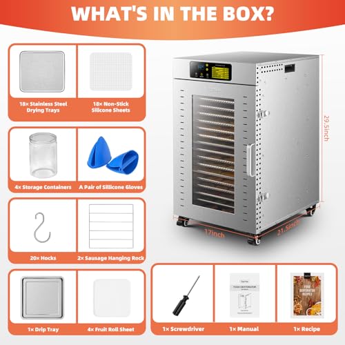 18 Trays Stainless Steel Dehydrator, 1500W Food Dryer