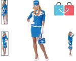 Blue Retro Stewardess Costume for Women with Accessories