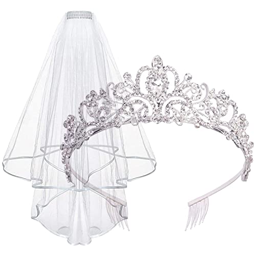 White Ribbon Edge Tiara Veil Set for Brides